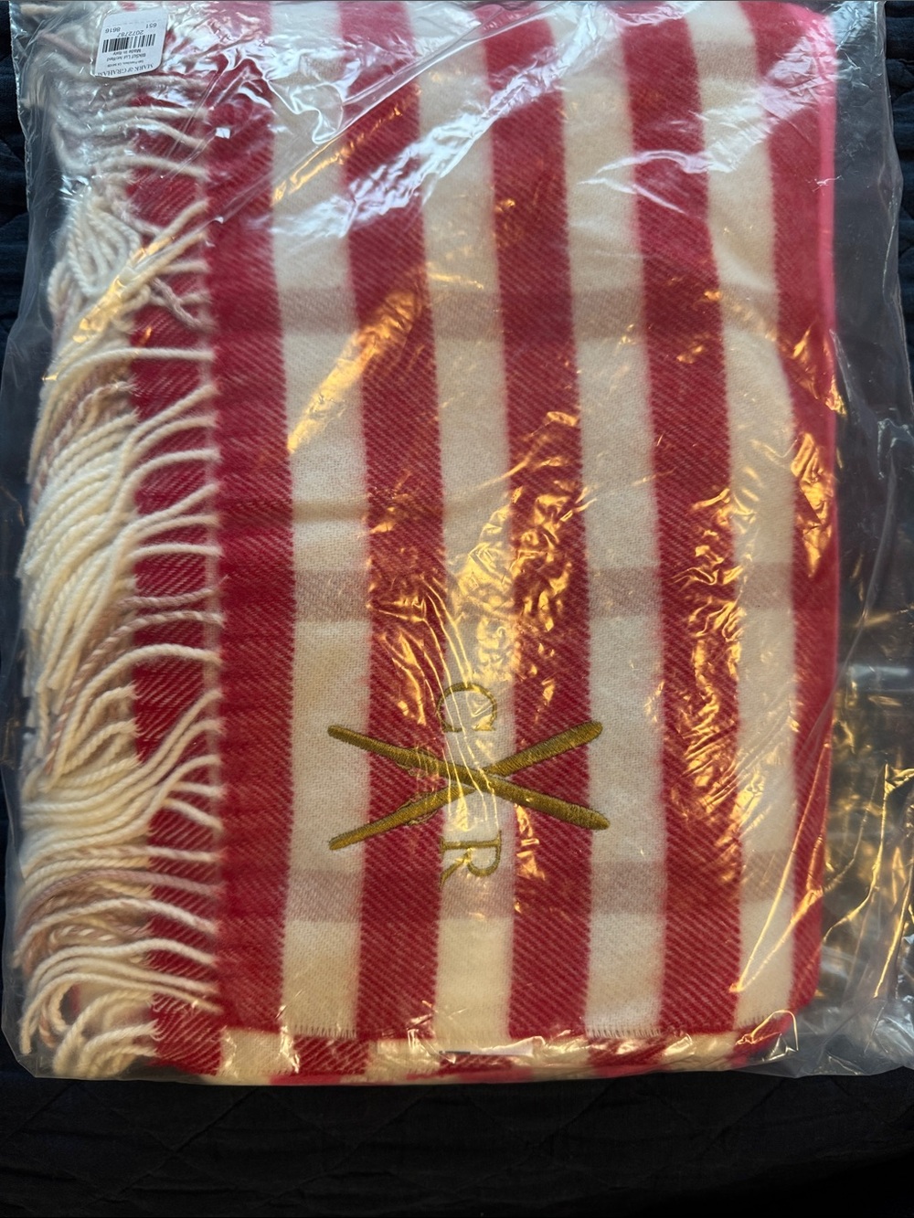 Mark & Graham Red and White Striped Holiday Throw with Gold Embroidered Accent